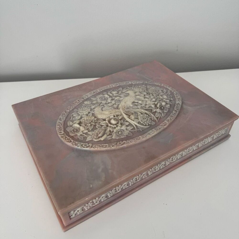 Vtg Hand Carved Stone Decorative Jewelry Box Ornate Peacock Floral Motif Large - Picture 7 of 12